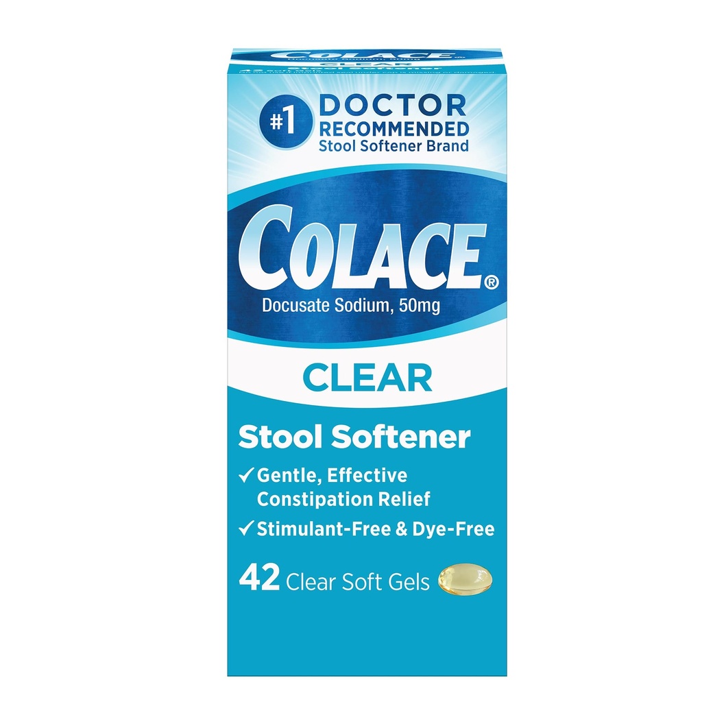 Colace Clear Stool Softener'i aktif Constipation Relief için, #1 Doktor Önerilen Stool Softener Brand, Dye Free, 50 mg Docusate Capsules, 42