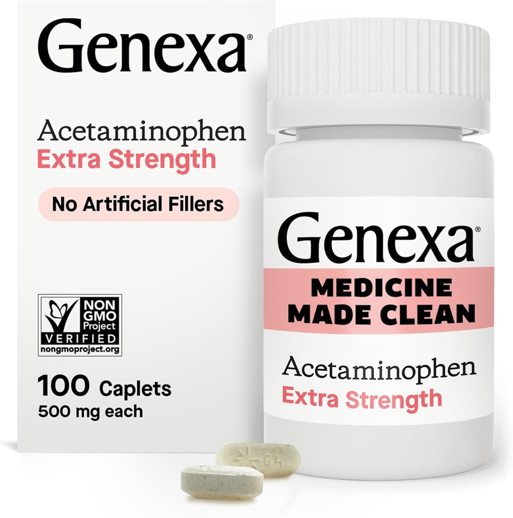 Genxa Clean Acetaminophen 500 mg Ekstra Güçlü, Dye Free Pain Reliever Ateşi, 0% Yapay Katkılar, Yetişkinler için Ağrı Tıp, Relieves Headache, Backache, Minor Arthritis Pain, 100 Tablet