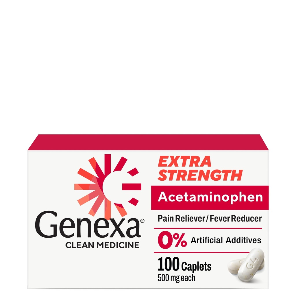 Genxa Clean Acetaminophen 500 mg Ekstra Güçlü, Dye Free Pain Reliever Ateşi, 0% Yapay Katkılar, Yetişkinler için Ağrı Tıp, Relieves Headache, Backache, Minor Arthritis Pain, 100 Tablet