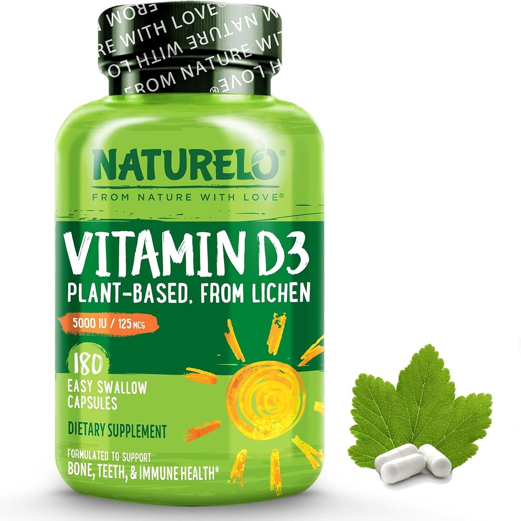 NATLO Vitamin D - 5000 IU - Plant Based from Lichen - Natural D3 Supplement for Immune System, Bone Support, Joint Health - High Potency - Vegan - Non-GMO - Gluten Free - 180 Capsules