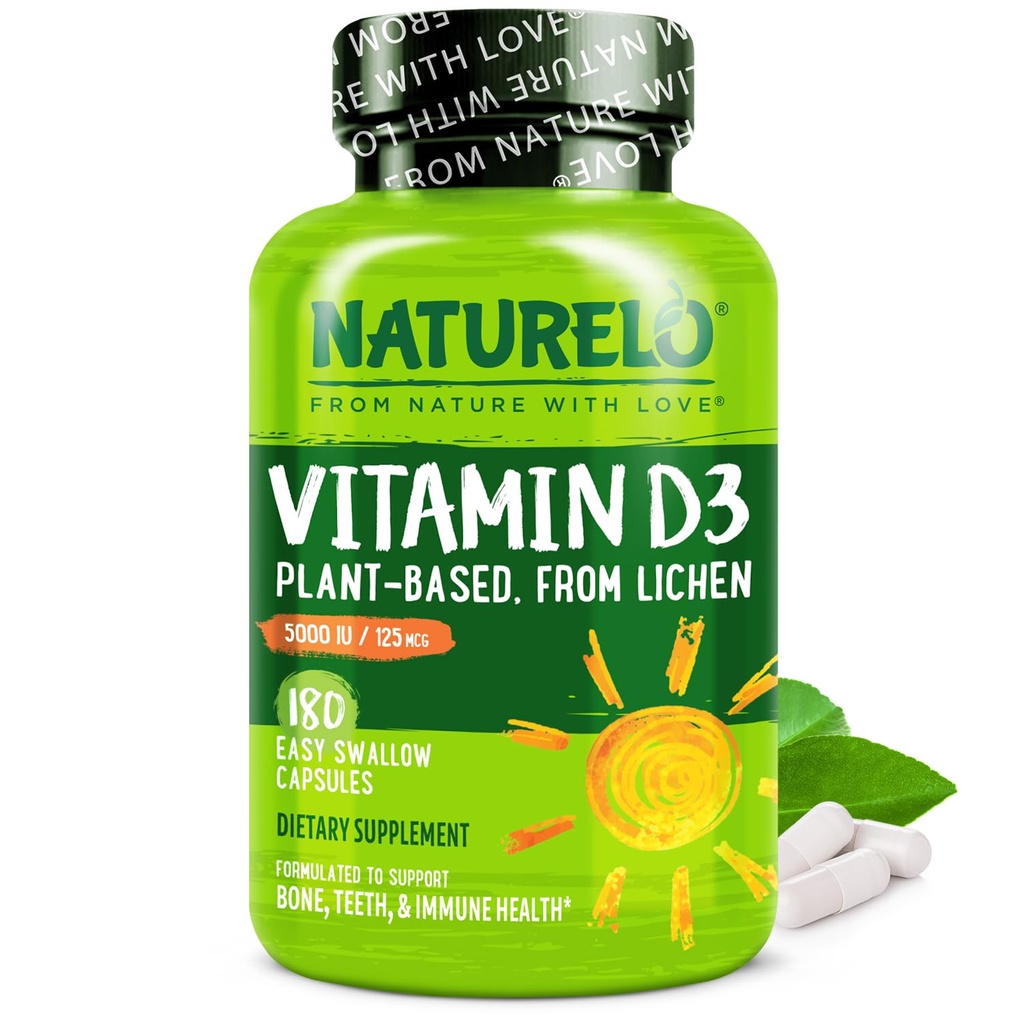 NATLO Vitamin D - 5000 IU - Plant Based from Lichen - Natural D3 Supplement for Immune System, Bone Support, Joint Health - High Potency - Vegan - Non-GMO - Gluten Free - 180 Capsules