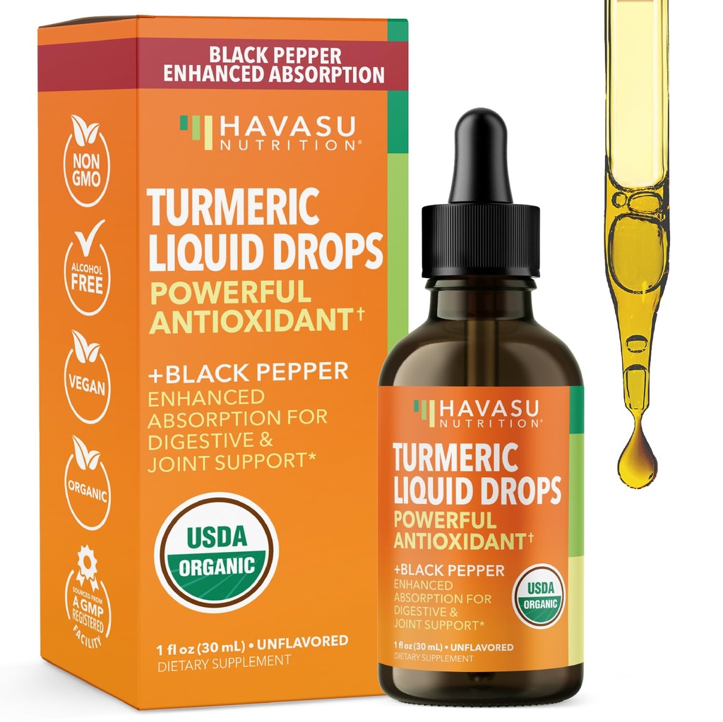 USDA Organik Turmeric Liquid Drops with Black Pepper - 1000 mg Curcumin Supplement for Immune & Digestive Health - 30 Hizmet - Gelişmiş Aborpsiyon - Non-GMO, Vegan, Gluten Free - Unflavored, 1 Fl Oz Oz