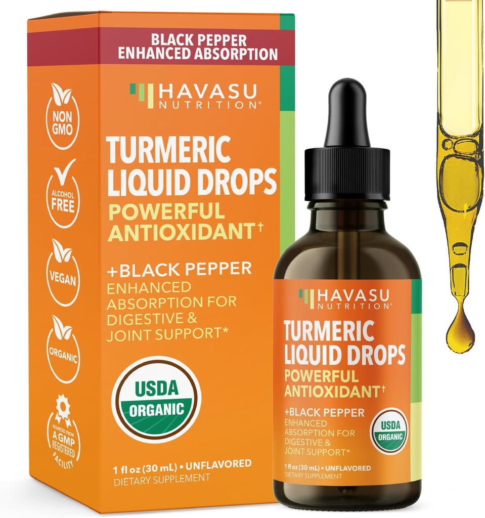 USDA Organik Turmeric Liquid Drops with Black Pepper - 1000 mg Curcumin Supplement for Immune & Digestive Health - 30 Hizmet - Gelişmiş Aborpsiyon - Non-GMO, Vegan, Gluten Free - Unflavored, 1 Fl Oz Oz
