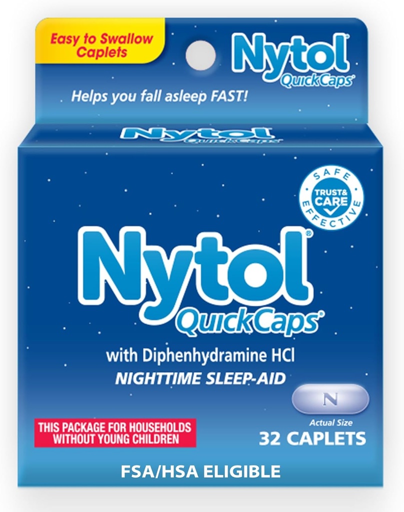 Nytol Quick Caps Nighttime Sleep Aid with Diphenhydramine HCI, Easy-to-Swallow Caplets to Fall Asleep Fast, 32