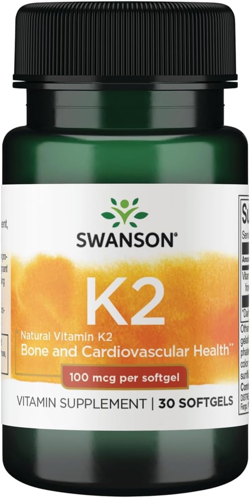 Swanson Vitamin K2 (Menaquinone-7) - Vitamin Supplement Supporting Cardiovascular ve Bone Health - Japon Natto'dan Regulateba'ya yardım etmek için - (30 Softgels, 100mcg Her)