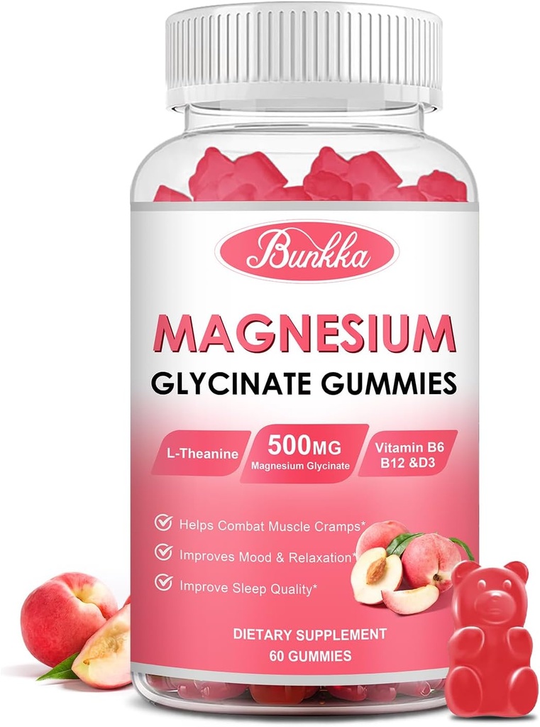 Glycinate Gummys Μαγνήσιο - Χωρίς ζάχαρη, Συμπλέκτης μαγνησίου Κάλιο με Κάλιο, Βιταμίνη, B6 για την ανακούφιση ηρεμίας, ύπνου και στρες για ενήλικες - 60 Ροδάκινα Gummies