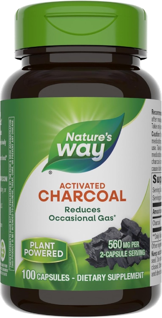 Nature's Way Aktif Charcoal, Binds Unwanted Materials and Gas in the Digestive Tract*, 560 mg per 2Capsule Service, 100 Capsules (Pazar May Vary)