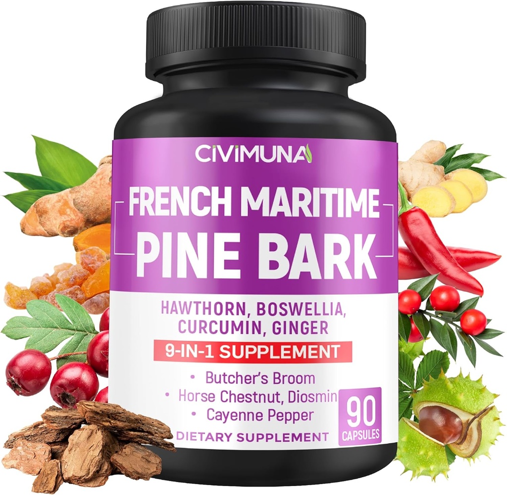Fransız Maritime Pine Bark Capsules with French Maritime Pine Bark, Hawthorn, Bosweillia and More - 3 Ay Supply için 90 Capsules
