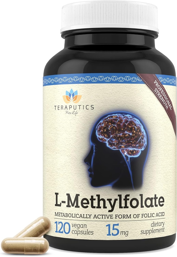 Teraputics L-Methylfolate 15mg | 120 Vegan Capsules | Premium | 5MTHF Mood Homocysteine Metilasyon için Active Methylfolate Supplement - Non-GMO Gluten-Free, No Fillers - Folic Acid Brain Support