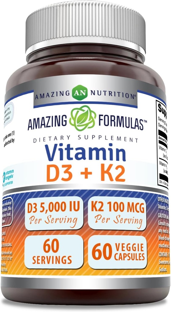 Amazing Formulas Vitamin D3 5000 I with Vitamin K2 100 mcg | D3 + K2 Komplek Supplement | Veggie Capsules | Non-GMO | Gluten Free | Made in USA (60 Count)