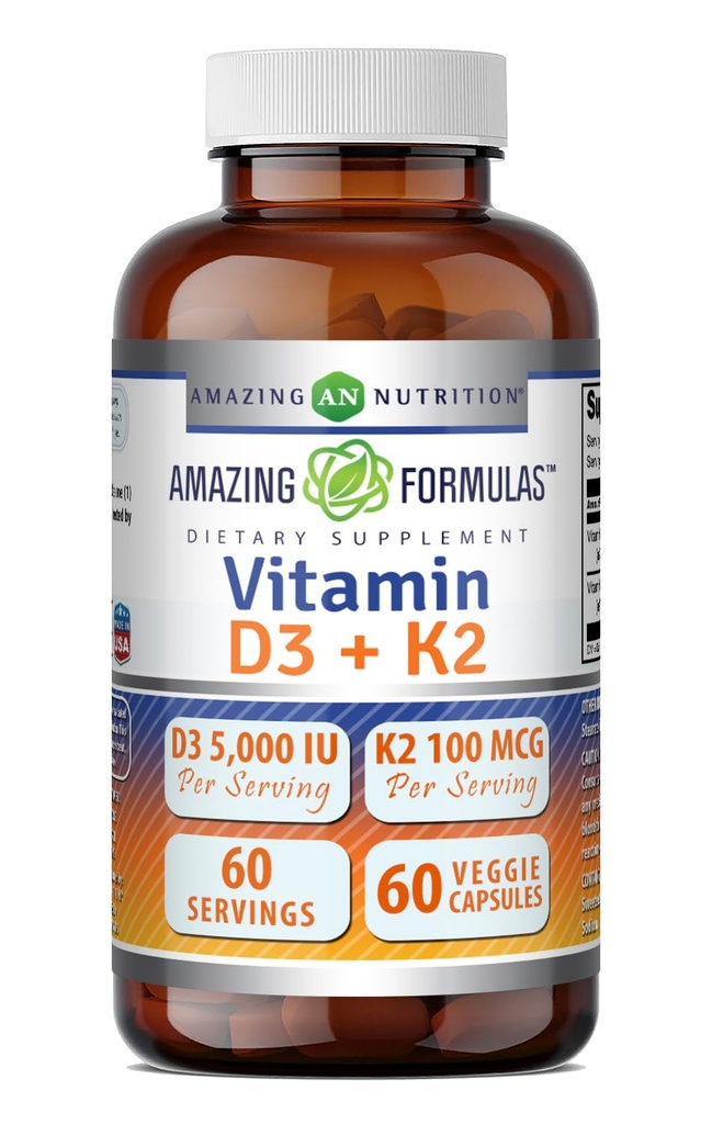 Amazing Formulas Vitamin D3 5000 I with Vitamin K2 100 mcg | D3 + K2 Komplek Supplement | Veggie Capsules | Non-GMO | Gluten Free | Made in USA (60 Count)