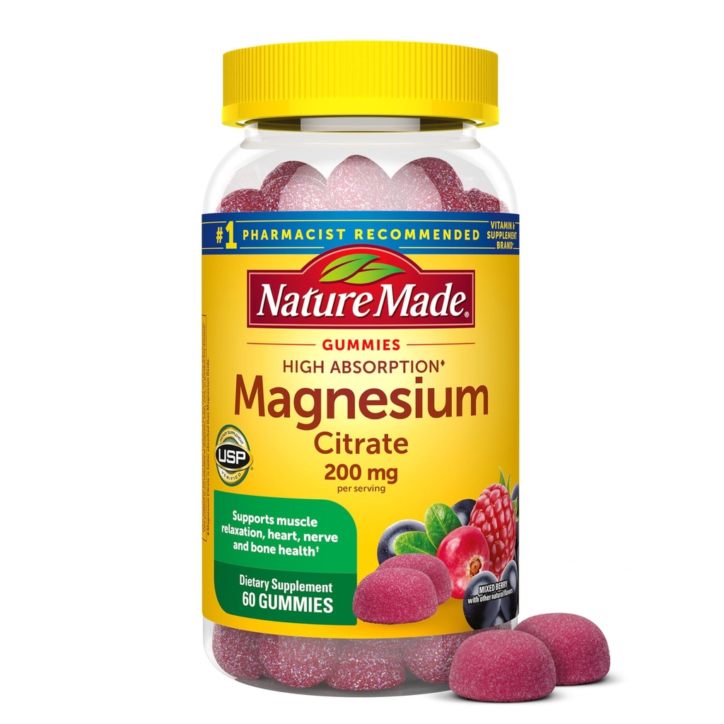 Nature Made High Abxia Magnezyum Citrate 200 mg per serve, Magnezyum Supplement for Muscle, Nerve, Bone and Heart Support, 60 Magnezyum Gummies, 30 Day Supply Supply