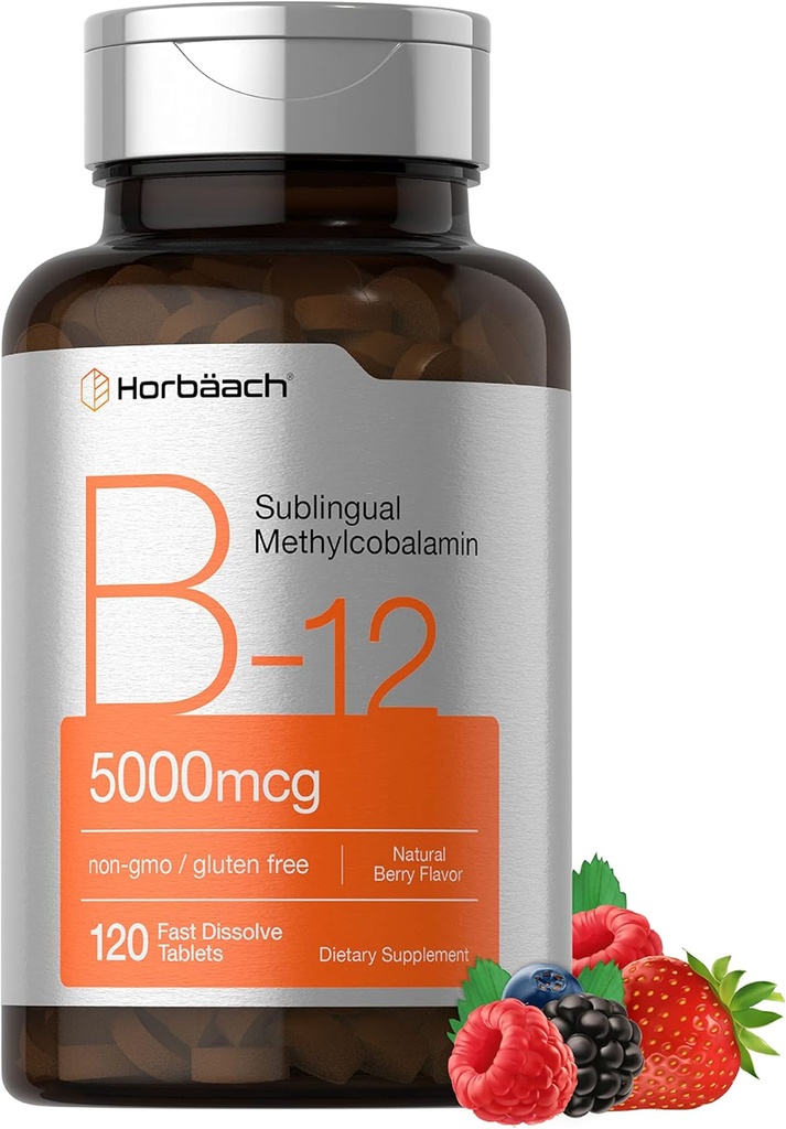 Horbäach B12 Vitamin 5000 mcg | 120 Hızlı Dissolve Tabletler | Sublingual Mecobalamin | Vegetarian, Non-GMO & Gluten Ücretsiz Supplement