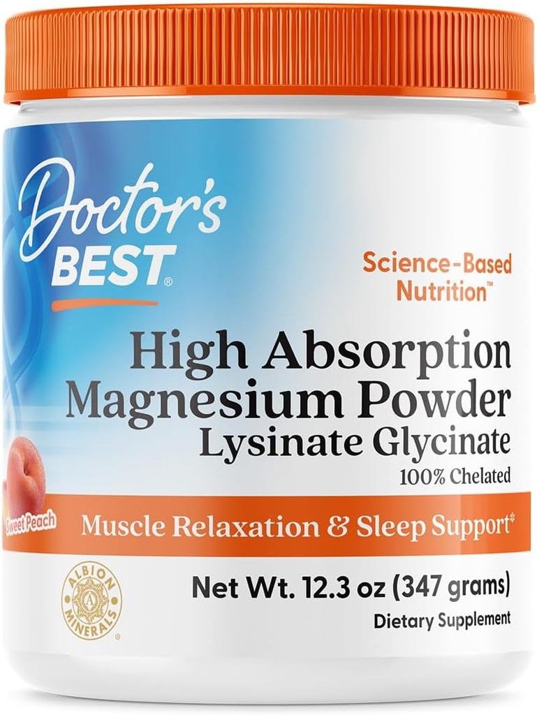 Doctor's Best High Absorption Magnesium Powder (Peach Flavored) 100% Chelated TRACCS, Not Buffered, Headaches, Muscle, Vegan, Peach Flavor, 12.3 Ounce (Pack of 1)