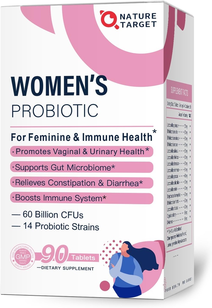 NATI TARGET Probiyotiks-for-Kadınlar için Prebiyotikler, Cranberry ve D-Mannose, 60-Billion-CFUs, Women's Probiyotik for Digestive Health/Gut Health/Immunefun