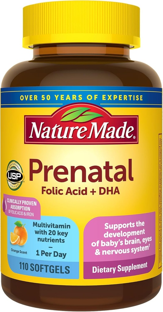 Nature Made Prenatal with Folic Acid + DHA, Prenatal Vitamin ve Mineral Supplement for Daily Nutritional Support, 110 Softgels, 110 Day Supply Supply