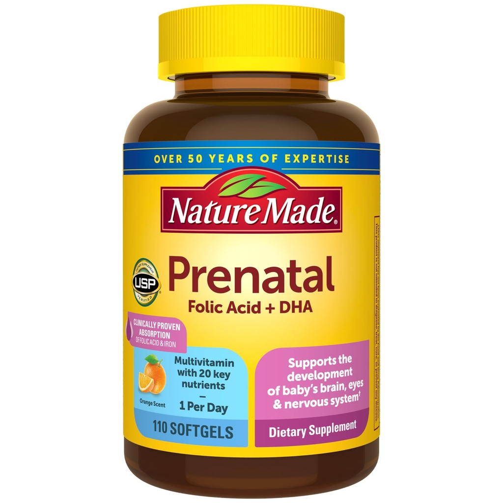 Nature Made Prenatal with Folic Acid + DHA, Prenatal Vitamin ve Mineral Supplement for Daily Nutritional Support, 110 Softgels, 110 Day Supply Supply