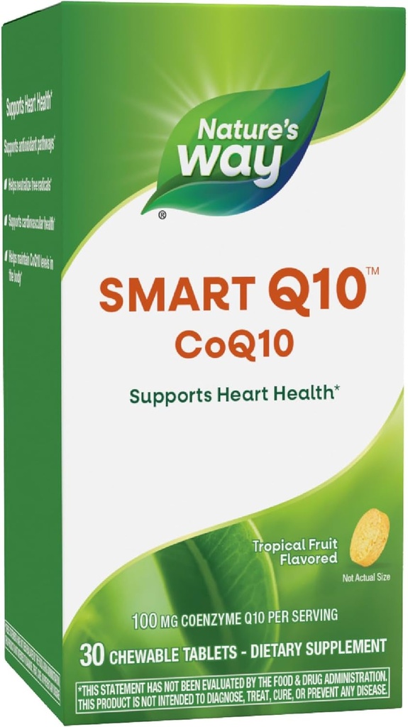 Nature's Way SMART Q10 CoQ10, Supports Heart Health & Cellular Energy*, Tropical Fruit Flavored, 100 mg per Service, 30 Chewable Tabletler (Paking May Vary)