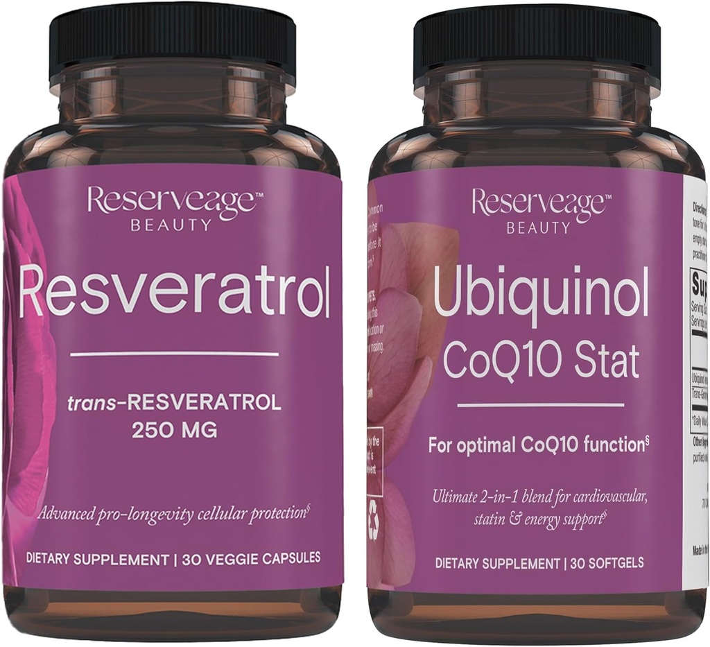 Rezerv Güzellik, Resveratrol 250 mg, Kalp ve Hücre Sağlığı için Antioksi Supplement 30 Caps & Ubiquinol CoQ10 Stat - Cardiovascular System, Enerji Seviyeleri ve Hücre Sağlığı Desteği - 30