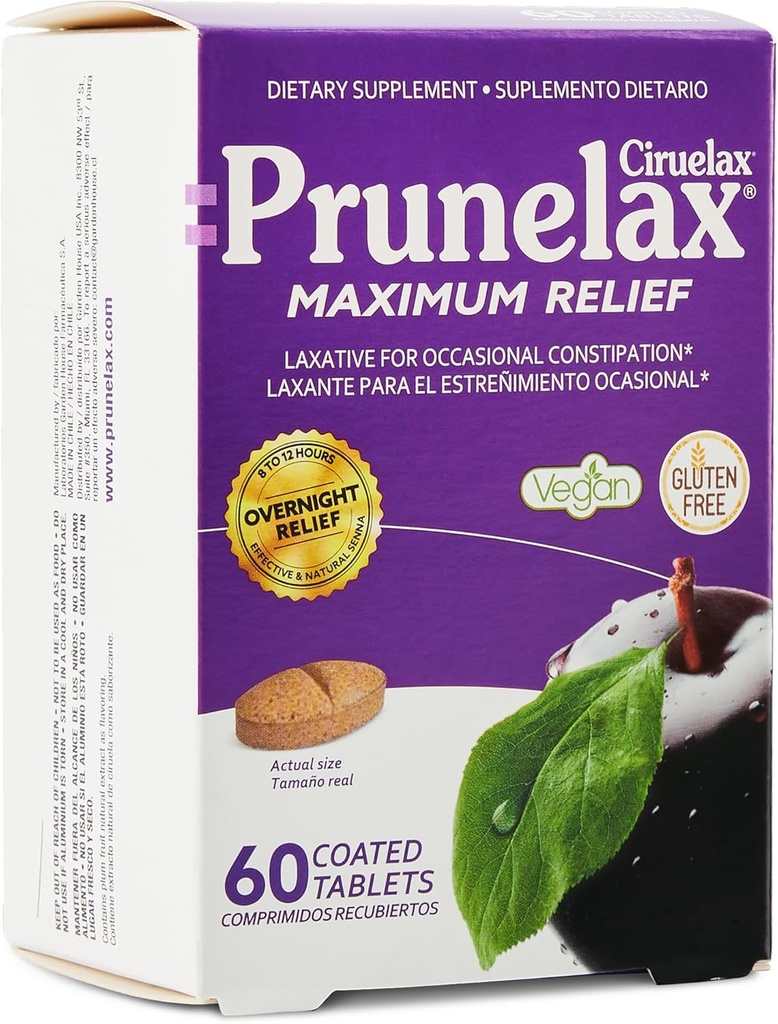 Prunelax Ciruelax Natural Senna for Occasional Constipation, Senna Extract, Vegan & Gluten-Free, Gentle Overnight Relief - 60ct