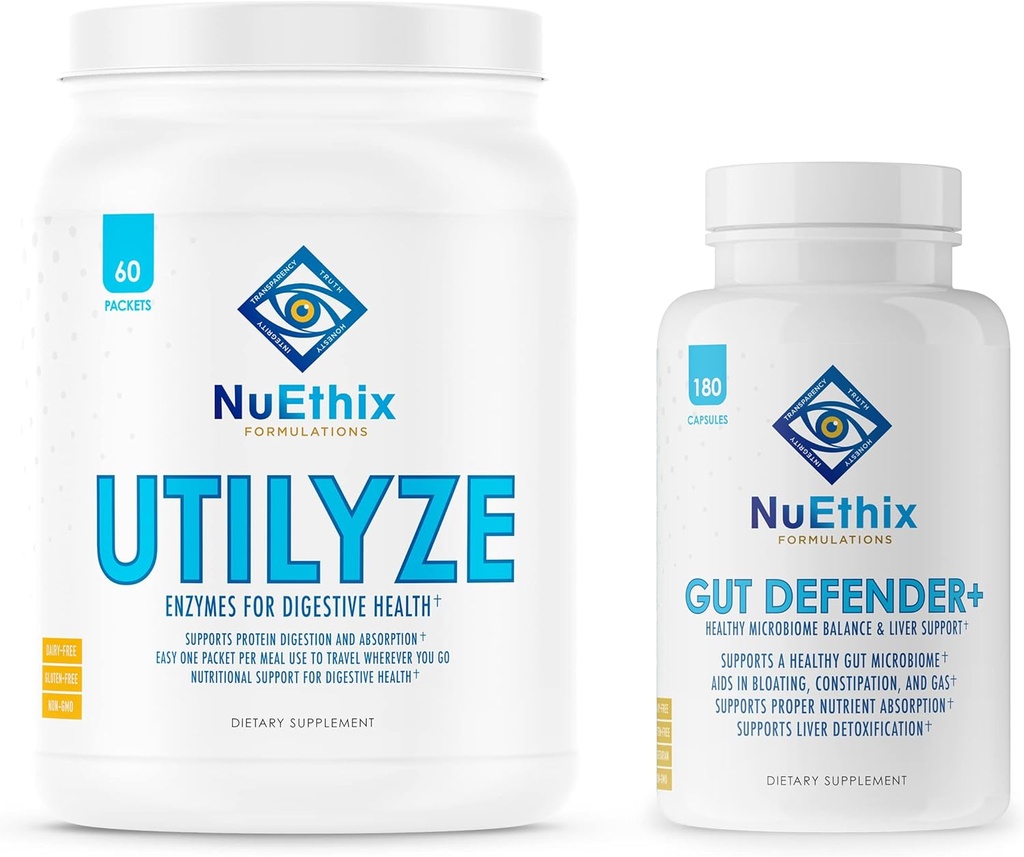 NuEthix Formulations Microbiome Balance and Digestive Wellness Supplement Bundle of Gut Defender+, 90 Services and Utilyze, 60 Travel Packets