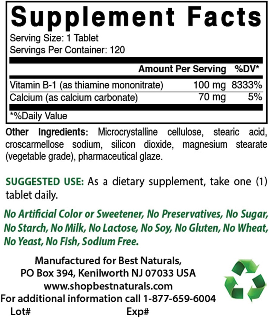 Best Naturals Vitamin B1 as Thiamine Mononitrate 100 mg & Vitamin B12 6000 mcg
