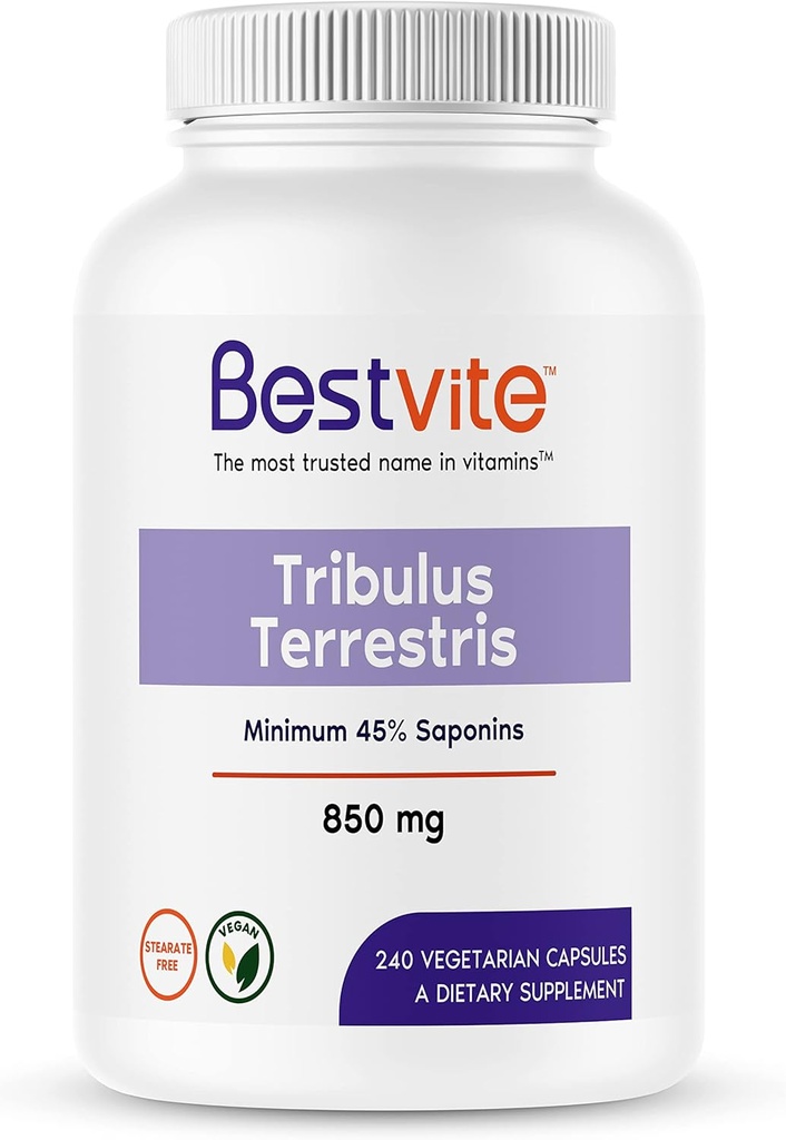 BESTVITE Tribulus Terrestris 850 mg per Capsule (240 Vejetaryen Capsules) - Standartlaştırılmış Ekstraksiyon - Yüzde 45 Saponins - No Stearates - No Silikon Dioksi - No Fillers - Vegan - Non GMO - Gluten Free