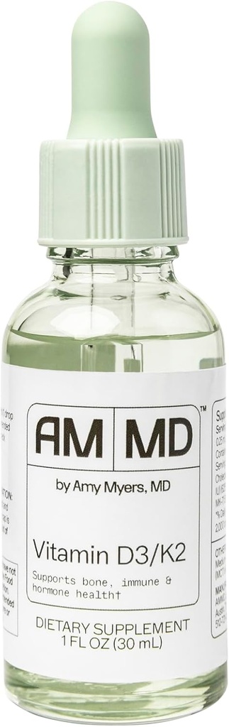 Amy Myers MD Vitamin D3/K2 Liquid - Υποστηρίζει την υγεία των οστών, την ανοσοποιητική λειτουργία & την ισορροπία ορμονών - Υψηλή απορρόφηση - Μη-Dairy, Gluten-free - 1 fl oz (30 υπηρεσίες)