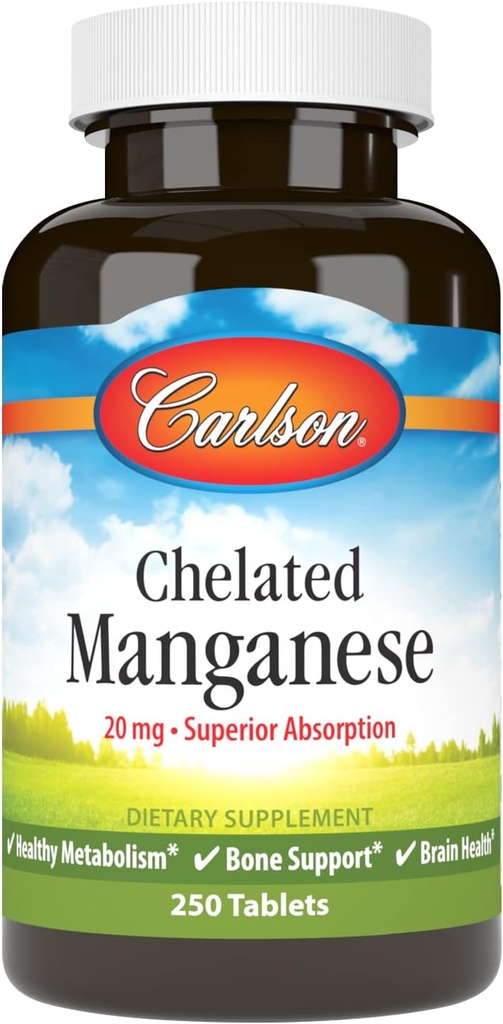 Carlson - Chelated Manganese, 20 mg - Üstün Aborpsiyon, Sağlıklı Metabolism, Bone Support & Brain Health, 250 Tablet