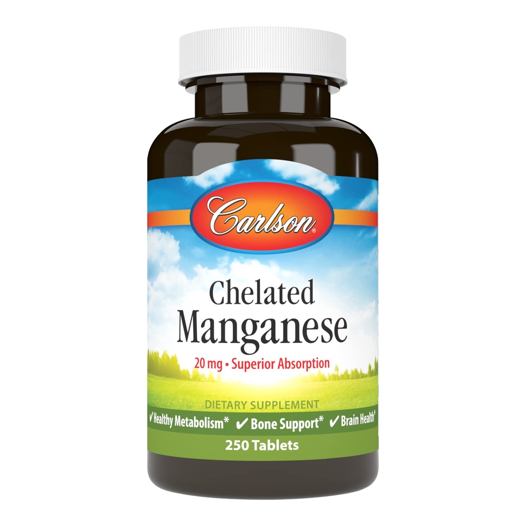 Carlson - Chelated Manganese, 20 mg - Üstün Aborpsiyon, Sağlıklı Metabolism, Bone Support & Brain Health, 250 Tablet