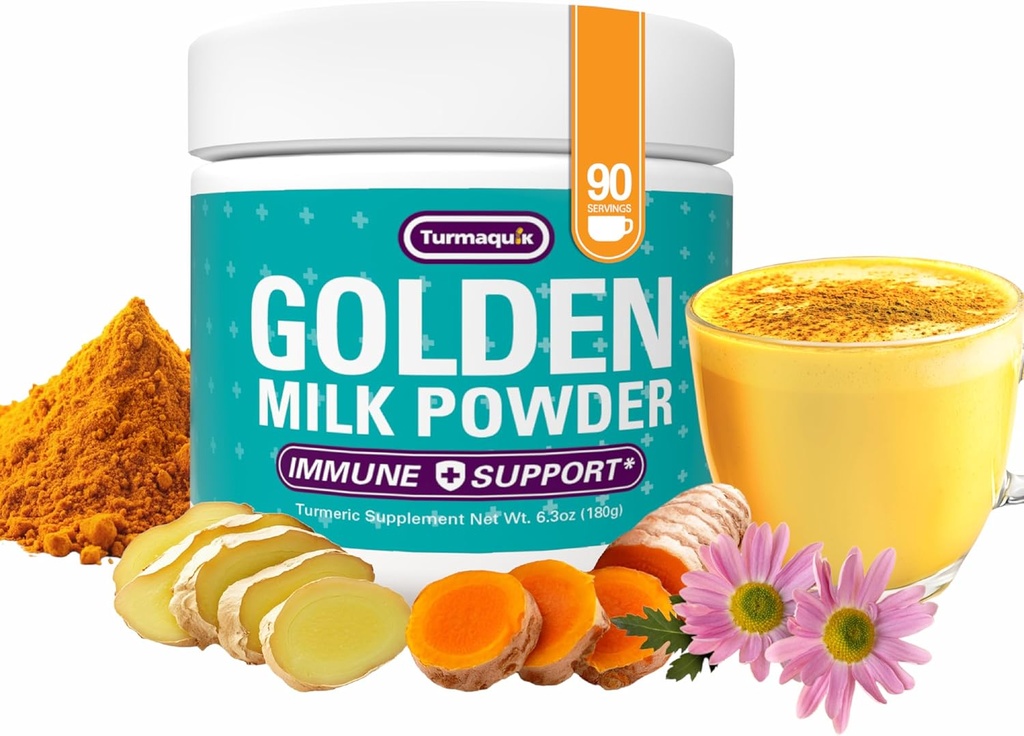 Turmaquik Organik Altın Süt Turmeric Toz, Immune Support + Superfood Die of Ginger, Black Pepper, Curcumin, Cinnamon, Cardamom + Vitamins C, D, B6, B12, çinko - Immunity Boost