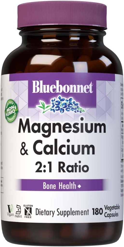 Bluebonnet Beslenme Magnezyum & Kalsiyum 2:1 Oran, Bone Health*, Non-GMO, Vegan, Kosher sertifikalı, Gluten-Free, Soy-Free, Dairy-Free, 180 Sebze Capsules, 60 Hizmetler