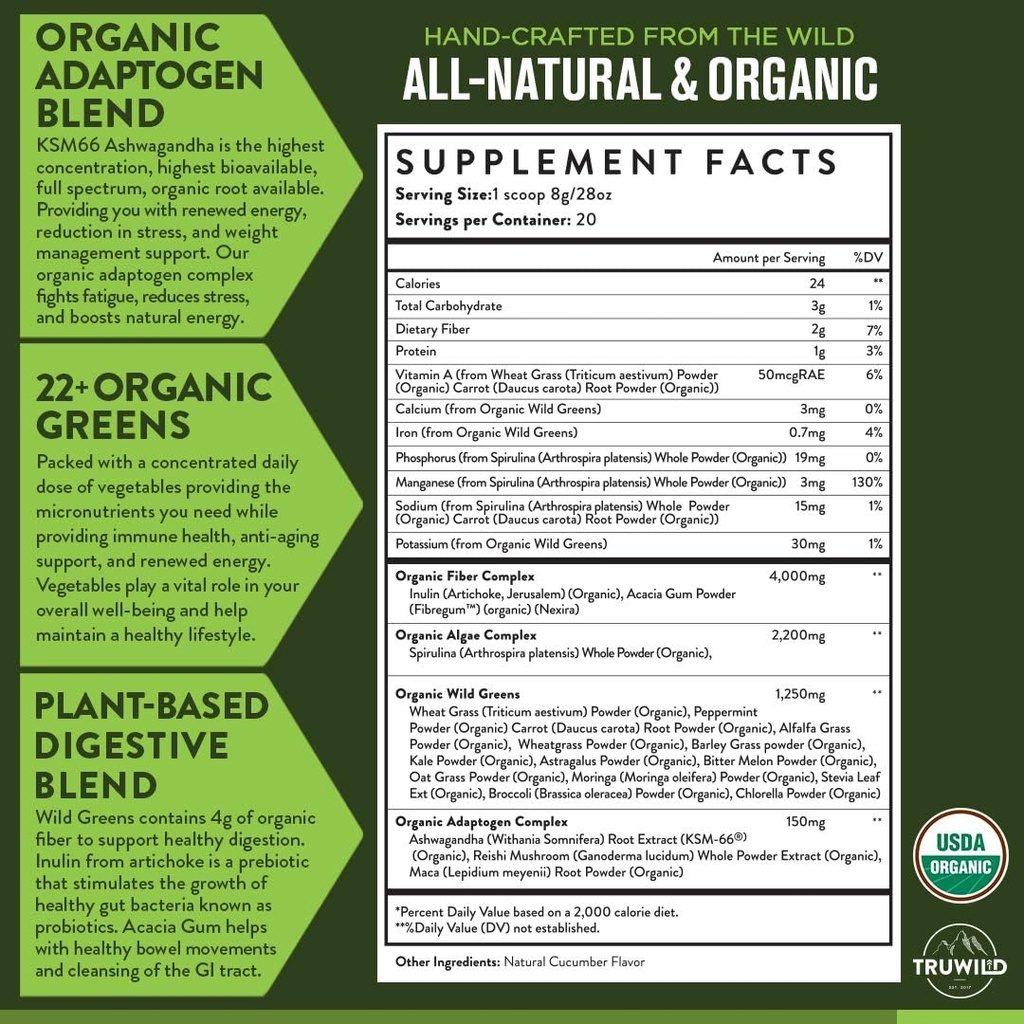 TruWild Greens Superfood Juice, 22+ Greens & Anti-Oxidants, Natural Immune, Stres, Digestion Support Toz, 90 Hizmet, 3 Pack