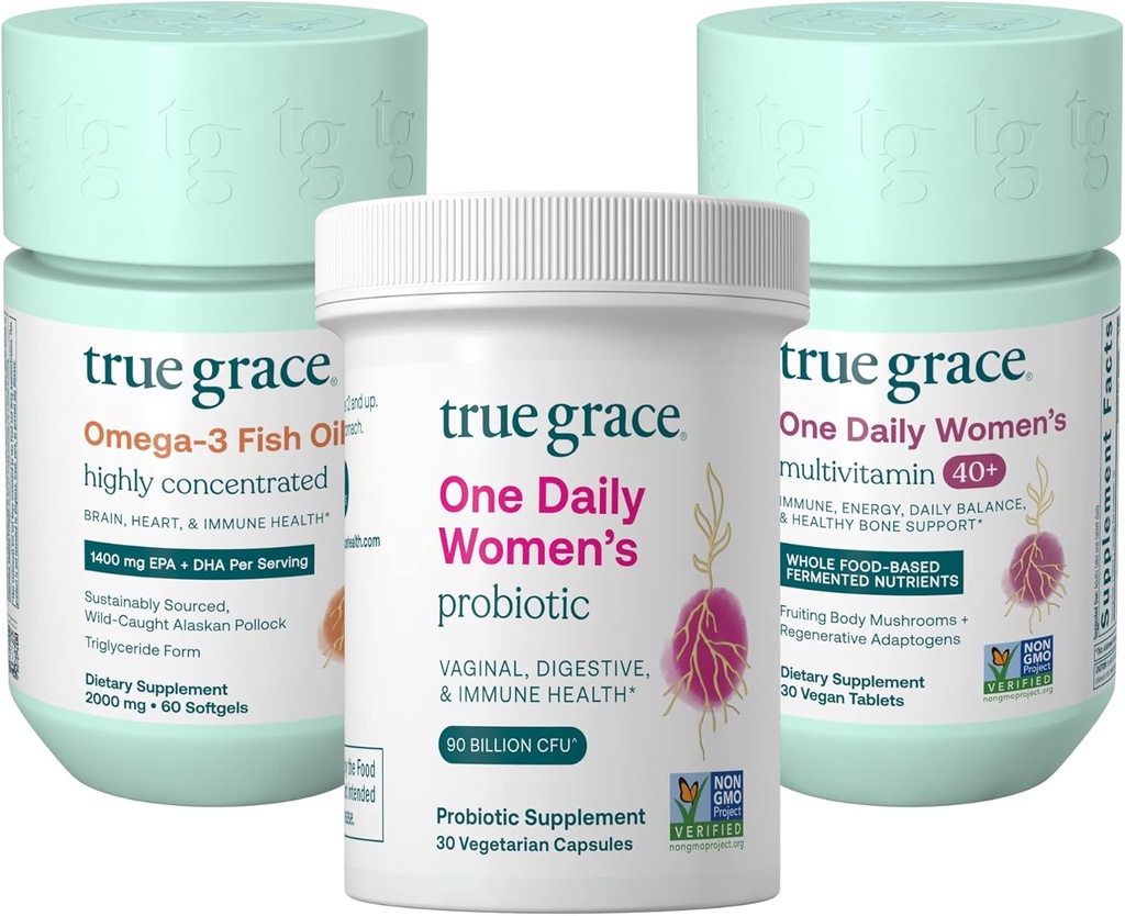 True Grace One Daily Women's Multivitamin 40+ (30 Vegan Tabletleri), Omega-3 Fish Oil (60 Softgels) & One Daily Women's Probiyotik (30 Vejetaryen Capsules) - 30 Günlük Her Şeyin Kaynağı