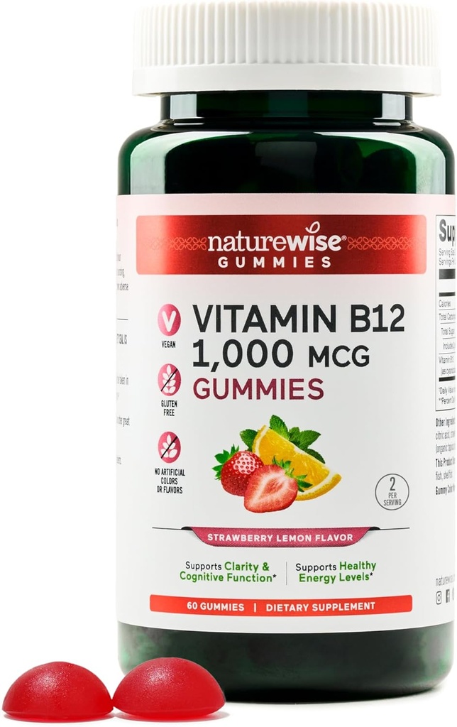 NatureWise Vitamin B12 Gummies for Adults, 1000 mcg - Φράουλα Λεμονάδα Γεύση - Υποστηρίζει καθημερινή ενέργεια, ψυχική σαφήνεια, Γνωστική λειτουργία - Vegan, Gluten-free, Non-GMO - 60 Count[1-Month Supply]