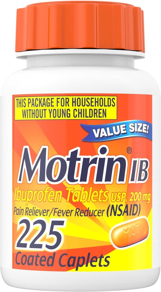 Motrin IB Ibuprofen 200 mg Tabletler, Fast-Acting Pain Reliever & Ateş Tespiti, Over-Counter Cold Medicine for Headache, Backache, Toothache, Menstrual Cramps & Minor Arthritis Pain, 225 Count