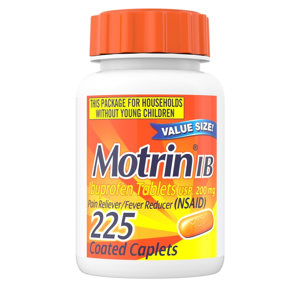 Motrin IB Ibuprofen 200 mg Tabletler, Fast-Acting Pain Reliever & Ateş Tespiti, Over-Counter Cold Medicine for Headache, Backache, Toothache, Menstrual Cramps & Minor Arthritis Pain, 225 Count