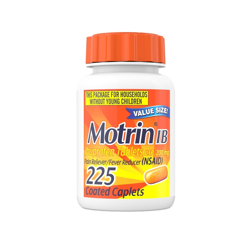 Motrin IB Ibuprofen Tablets, Pain Reliever, Temporarily Reduces Fever and Relieves Minor Pain, Muscle Aches, Headache, Backache, Nonsteroidal Anti-Inflammatory Drug, 200 Mg, 225 Count Value Size