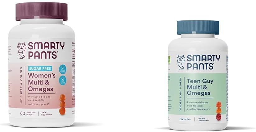 SmartyPants Women's Multivitamin Gummies, Sugar Free: Biotin, Methylfolate, Omega 3 (ALA), Vitamin D & Teen Guy Multivitamin Gummies: Omega 3 Fish Oil (EPA/DHA), Vitamin D3, C, Vitamin B12, B6