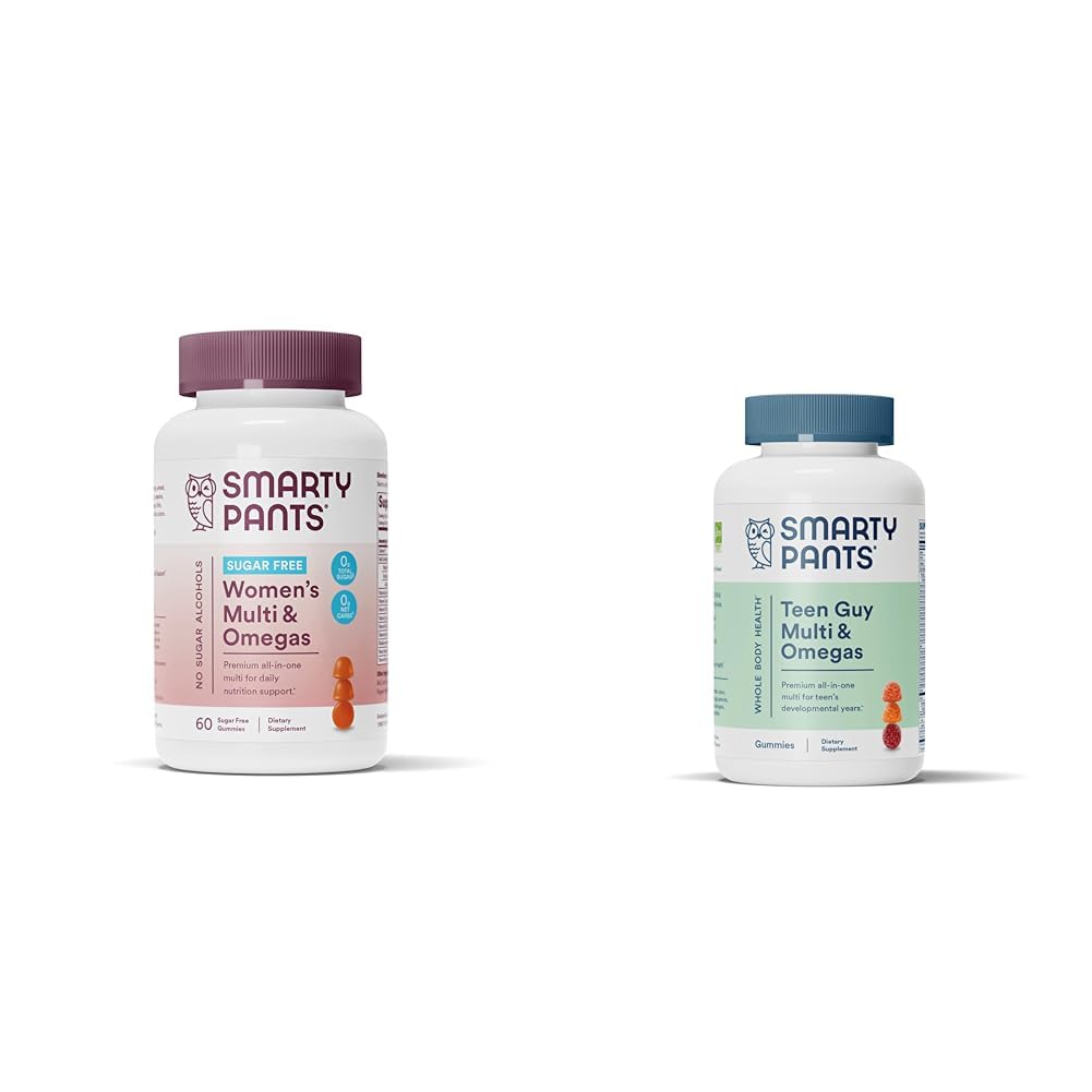 SmartyPants Women's Multivitamin Gummies, Sugar Free: Biotin, Torchfolate, Omega 3 (ALA), Vitamin D & Teen Guy Multivitamin Gummies: Omega 3 Fish Oil (EPA/DHA), B6, C, B12, B6, C, C, B12, B6