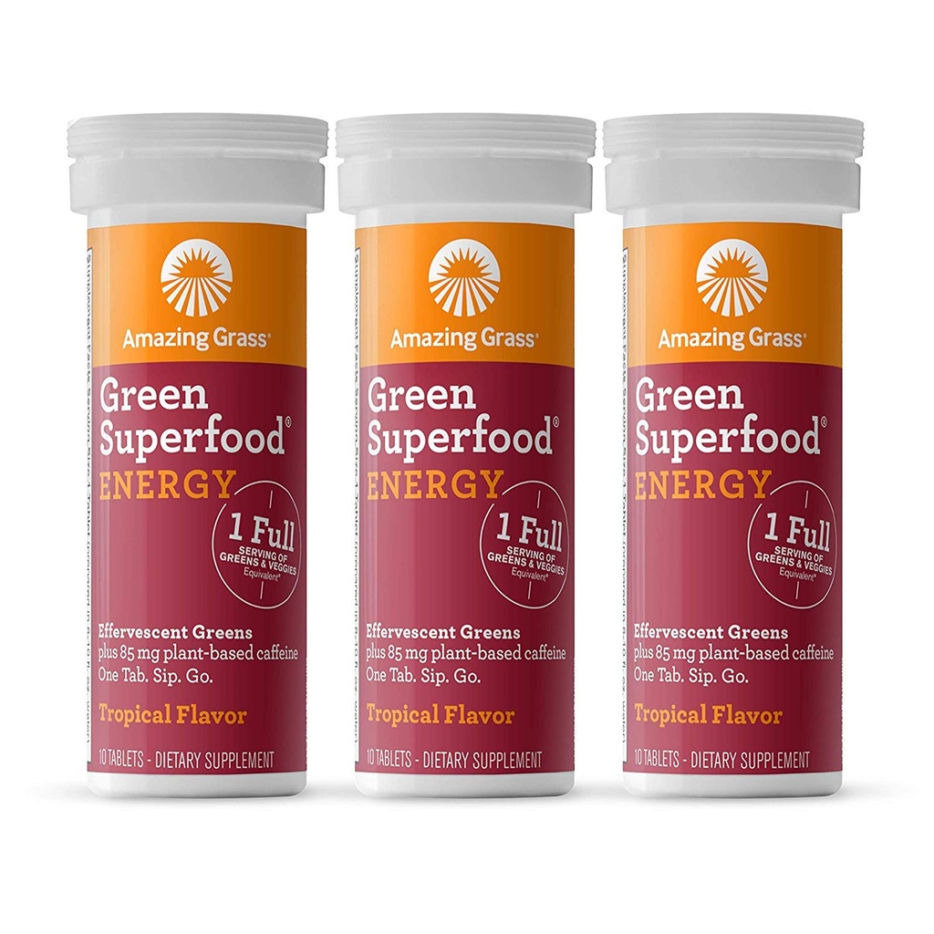 Amazing Grass Effervescent Energy Tabletleri: Greens + Green Tea Caffeine, Su Flavoring Tableti Antioksis, Nootropics Support, Tropikal, 10 (Paket 3)