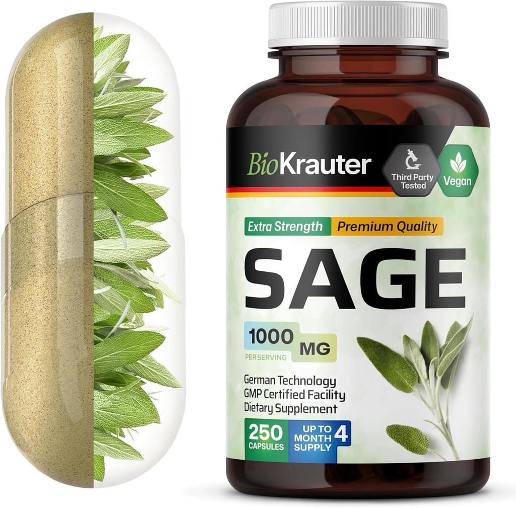 BIO KRAUTER Sage Supplement Capsules 1000 mg - 250 Vegan Caps - Salvia Officinalis - Immune & Digestive Support - Antioksisss