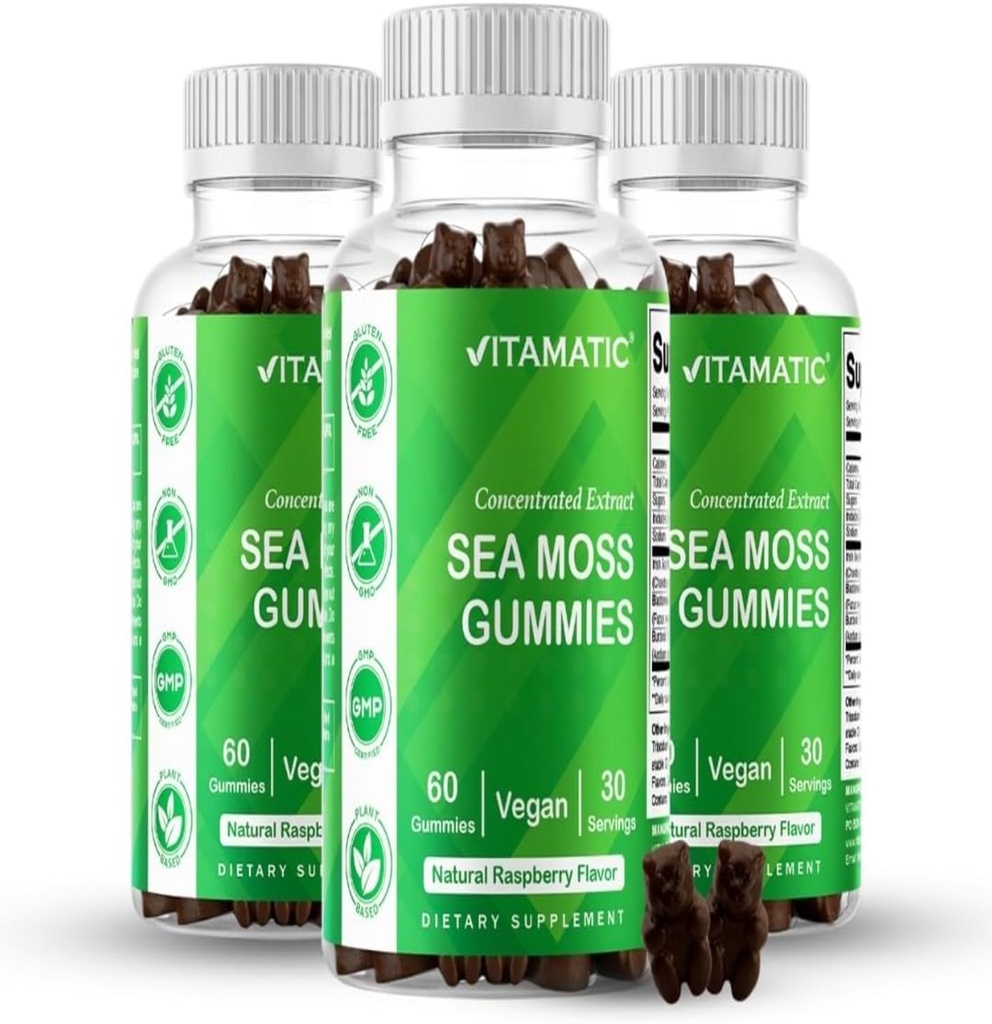 Vitamatic 3 Pack Irish Sea Moss Gummies - 3000mg Ισοδύναμο ανά υπηρεσία (από το εκχύλισμα 132,5 mg) - 60 Ct - Κατασκευάζεται με Bladderwrack & Burdock Root - Seamoss συμπλήρωμα για Thyroid, ενέργεια, ανοσοποιητική υποστήριξη