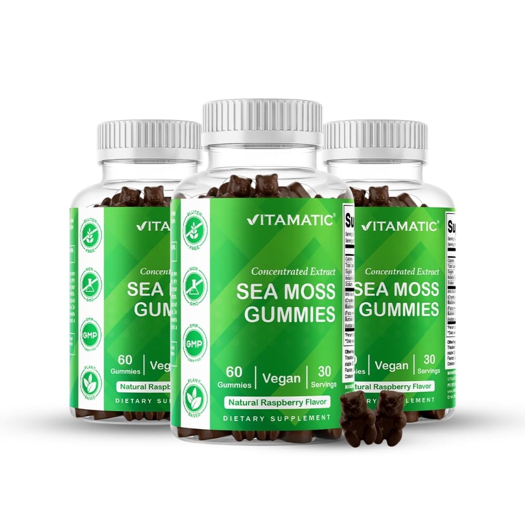 Vitamatic Irish Sea Moss Gummies with Bladderwrack & Burdock Root – Botanical Extract Supplement – Vegan, Non-GMO – 60 Count - 3 Pack