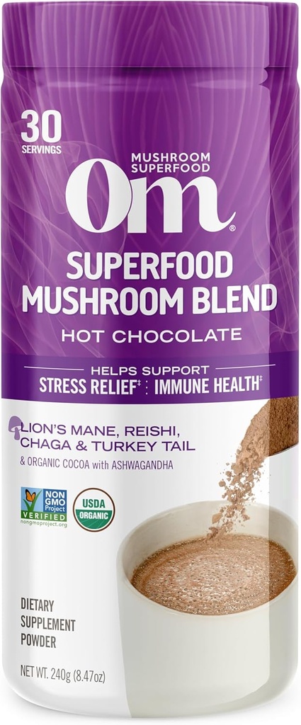 OM MUSHROOM SFOOD Hot Chocolate Blend – Dutch Cocoa with Lion's Mane, Reishi, Chaga & Turkey Tail – Supports Focus, Calm & Stress Relief – 2g Sugar, 25 Calories – 847 oz Canister (30 hizmet)