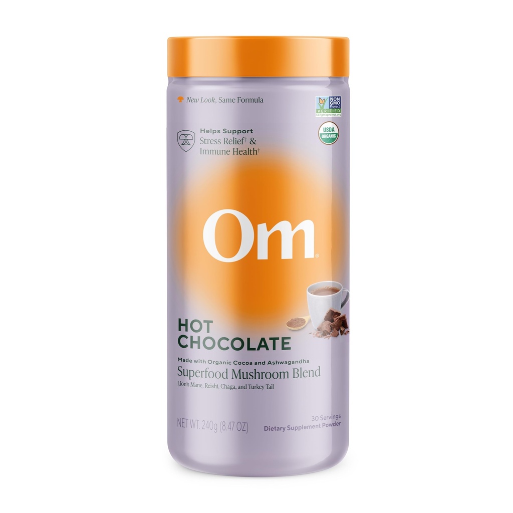 OM MUSHROOM SFOOD Hot Chocolate Blend – Dutch Cocoa with Lion's Mane, Reishi, Chaga & Turkey Tail – Supports Focus, Calm & Stress Relief – 2g Sugar, 25 Calories – 847 oz Canister (30 hizmet)
