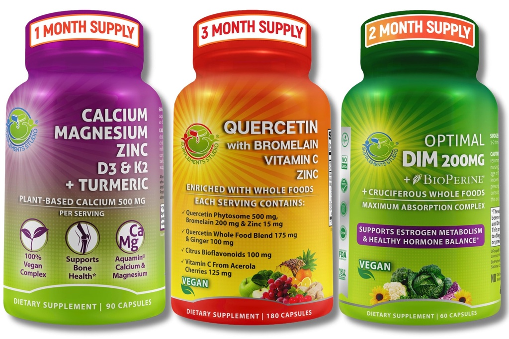 Vegan Bone, Immune, & Hormonal Support Trio – Plant-Baseduba, Magnezyum, çinko + D3, K2 & Turmeric + Quercetin with Bromelain, C, çinko + DIM 200 mg & BioPerine Capsules