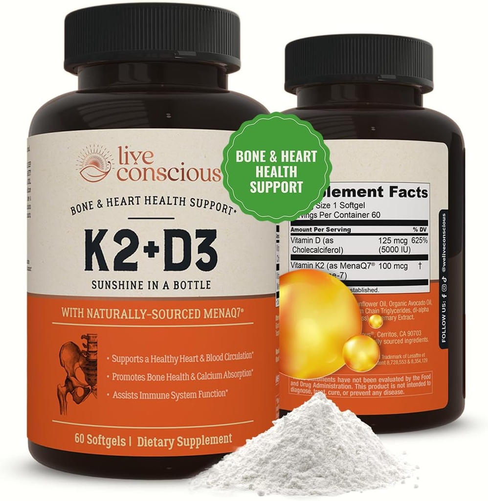 Live Conscious Vitamin K2 MK7 with D3 Supplement | Bone & Heart Health Support - Patented Vitamin K & Vitamin D3 5000 IU - 60 Softgels