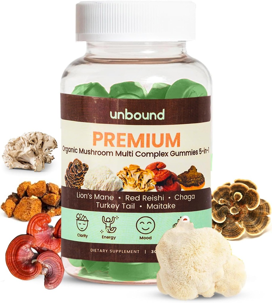 Nobound Premium Organik Mushroom Multi-Complex Gummies for Support Memory 5 in 1, Mix with Chaga, Lion's Mane, Reishi, Türkiye Tail, Maitake - 60 Gummies,