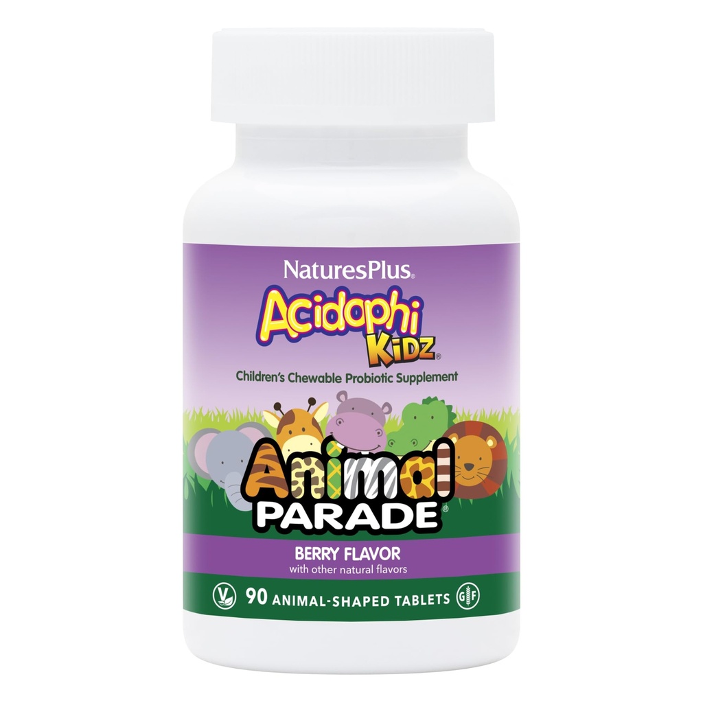 NaturesPlus Ζωική Παρέλαση AcidophiKidz, Berry Flavor - 90 Μασώμενα, Ζωομορφές Δισκία - Συσκευασία των 2 - με Προβιοτικά, FOS & Σπόροι Σταφυλιού - 180 Σύνολο Σερβίρει